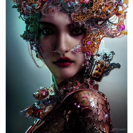 Prompt: the portrait of an absurdly beautiful, graceful, elegant, sophisticated, fashionable cyberpunk gravure idol, an ultrafine hyperdetailed illustration by kim jung gi, irakli nadar, takato yamamoto, intricate linework, bright colors, porcelain skin, unreal engine 5 highly rendered, fashion photography, fractal background, global illumination, radiant light, detailed and intricate environment