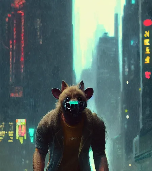 Image similar to new york city portrait of burly surly furry anthro anthropomorphic spotted hyena head animal person fursona wearing clothes strange cybernetic muzzle gloomy rainy screenshot from the video game cyberpunk 2077 digital art by Greg Rutkowski, Simon Stalenhag, christopher nolan trending on Artstation, CGSociety