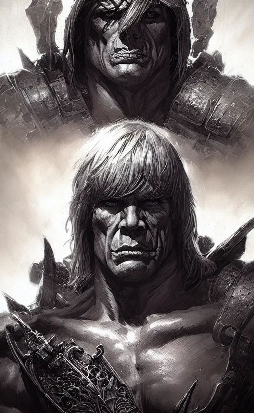 Image similar to uncut portrait of he - man, dark and mysterious and eerie and ominous character, cinematic, epic, highly detailed, intricate, illustration, artwork by marcus whinney and greg rutkowski