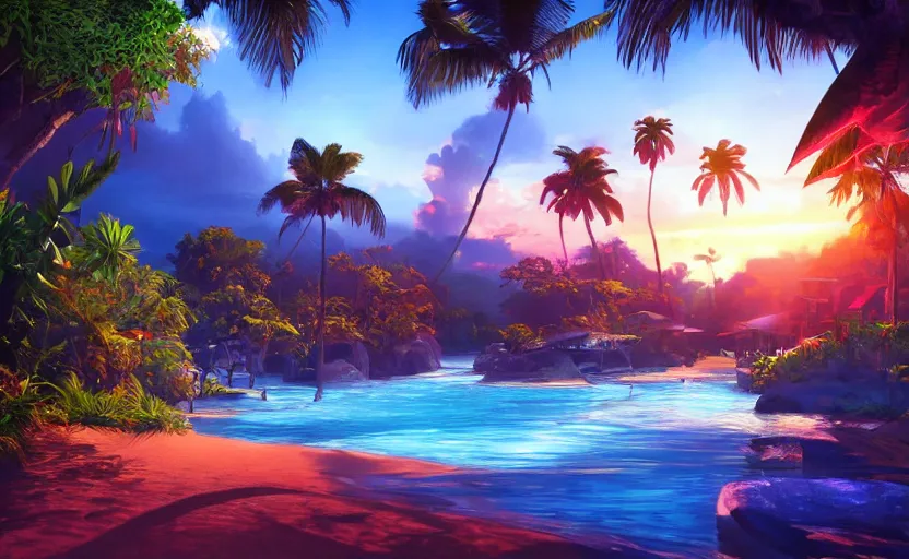 Image similar to a tropical resort in a jungle paradise, with a beautiful red and blue sunset, dynamic lighting, photorealistic fantasy concept art, trending on art station, stunning visuals, creative, cinematic, ultra detailed, ray tracing, sun rays