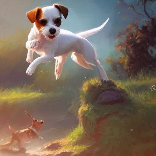 Image similar to adorable jack russel terrier jumping over a white picket fence, fantasy art, artstation character design contest winner, trending on cgsociety, concept art, speedpaint, beautiful digital art, jesper ejsing, james jean, justin gerard, fenghua zhong, makoto shinkai, highly detailed