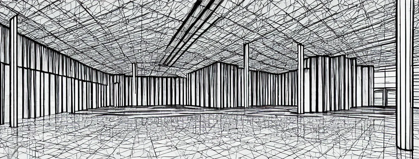 Prompt: futuristic black and white perspective illustration of a room inside a brutalist building, fisheye view concrete hangar inside, technical drawing