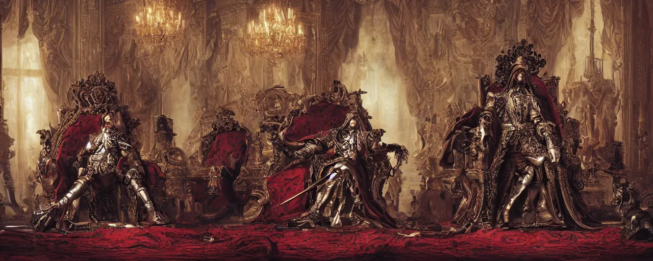 Image similar to epic, wideangle, low angle, digital painting, of a 1 7 th century, decadent, cyborg king holding court in his throne room, dark hair, piercings, amber jewels, baroque, ornate dark red opulent clothing, scifi, futuristic, realistic, hyperdetailed, concept art, art by bilal, masterpiece