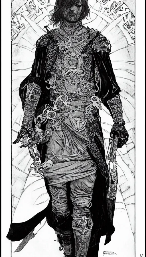 Prompt: a black and white ink fine ink drawing of a thief, from of thrones, in leather armor, fibonacci, sweat drops, intricate fashion clothing, concept art, smooth, sharp focus, illustration, art by alphonse mucha and travis charest