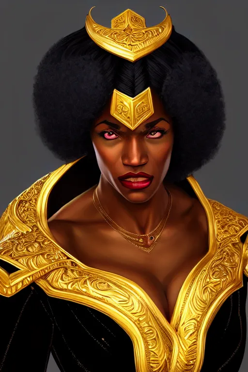 Image similar to portrait of black super woman, velvet gown, highly detailed and rendered gold jewelry, digital art, intricate, sharp focus, trending on artstation, hq, unreal engine 5, 4 k uhd image, by brom, artgerm, face by otto schmidt