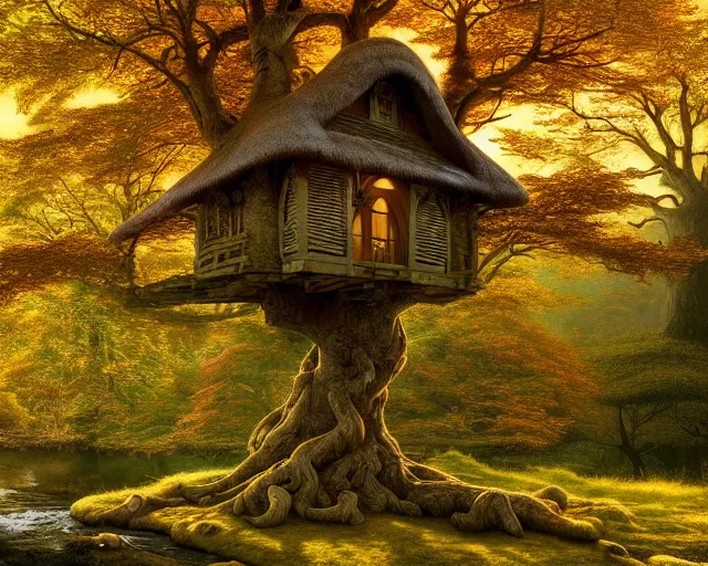 Prompt: thatched cottage tree house complex in a massive oak tree at the end of a stony brook, magical atmosphere, small waterfalls, carved stones, autumn leaves, by Renato Muccillo, Andreas Rocha, James Gurney, Angus McBride, Larry Elmore, Thomas Kinkade, matte painting, featured in artstation, octane render, cinematic, elegant, intricate, 8k