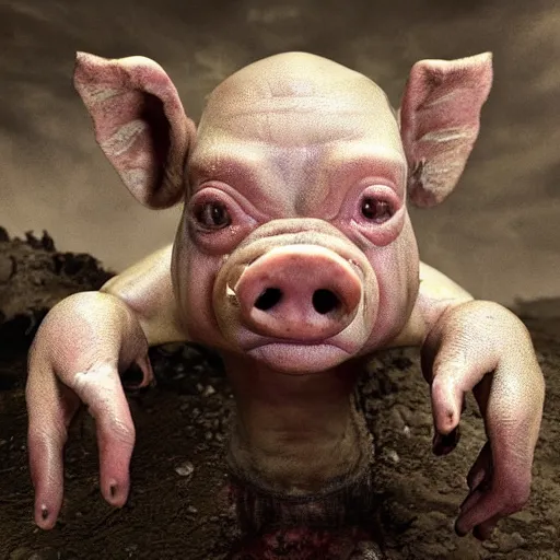 Image similar to a highly detailed realistic photographic render of a stillborn humanoid pig creature, stillborn, infant swine human hybrid, baby creature, creepy, horror, horror scene, cinematic horror, creepy horror, scary scene, cinematic lighting, cinematic scene, Volumetric lighting, Atmospheric scene, Dark, Horror, Atmospheric lighting, Global illumination, realistic, photo realism, hyper realistic, hyper realism, photo realisitc, cinematic render, film, beautifully lit, ray traced, octane 3D render, octane render, unreal engine