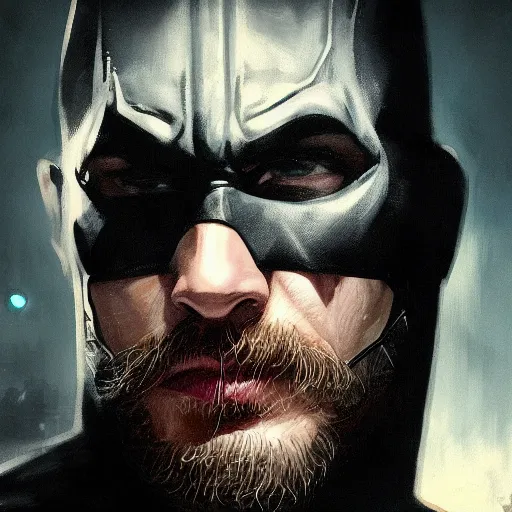 Image similar to closeup portrait of tom hardy as batman, city background, dramatic light, gorgeous view, depth, high detail, digital art, painted by greg rutkowski, trending on artstation