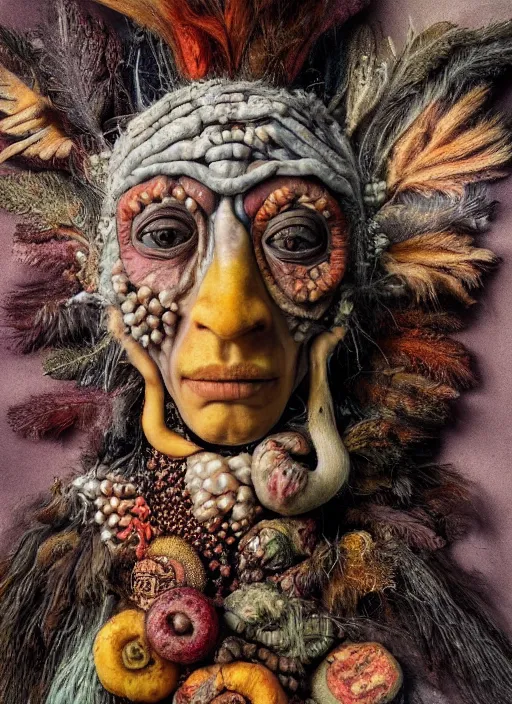 Prompt: a surrealist painting of a beautiful shaman's face, 3 d render, in the style of giuseppe arcimboldo, ( symbolist ), soft colors, dramatic lighting, smooth!, sharp focus, extremely detailed!, aesthetically pleasing composition, octane render
