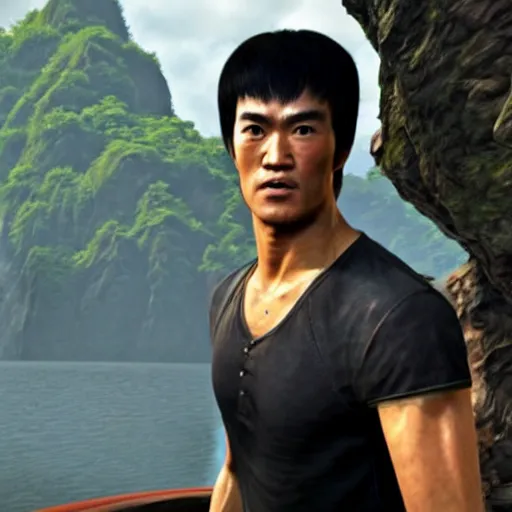 Image similar to a screenshot of bruce lee in uncharted 4. 3 d rendering. unreal engine. amazing likeness. very detailed. cartoon caricature