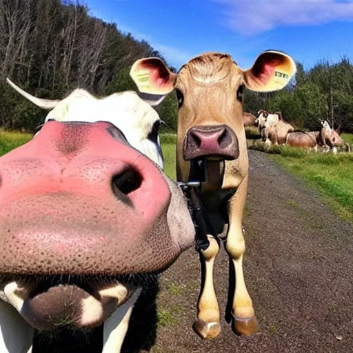 Image similar to selfie stick photo of a cow and it's hippopotamus best friend