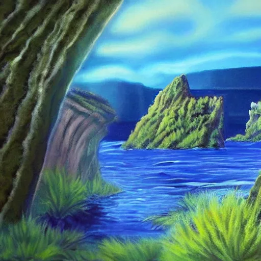 Prompt: acrylic painting of a lush natural scene on an alien planet by ray hassard. magical realism. very detailed. beautiful landscape. weird vegetation. cliffs and water.