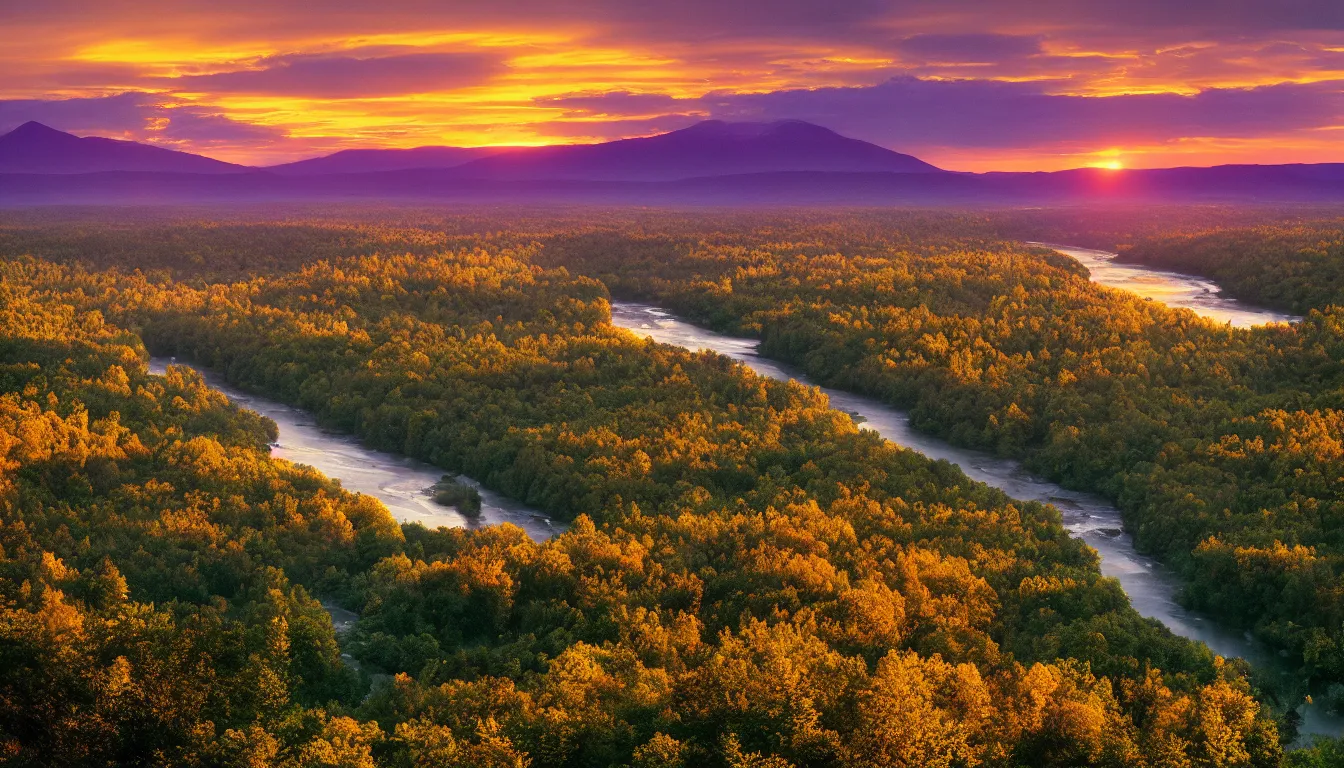 Image similar to a river valley at sunset, photograph with lighting by frederic edwin church, golden hour, nature, 2 4 mm lens, fujifilm, fuji velvia, flickr, 5 0 0 px, award winning photograph, highly detailed, beautiful capture, rule of thirds, crepuscular rays