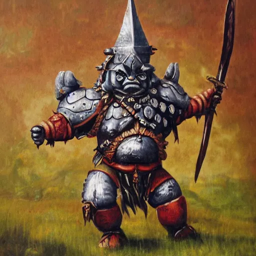 Image similar to ogre warrior wearing plated armor who is holding a battle axe in the style of warhammer fantasy : : head and torso oil painting