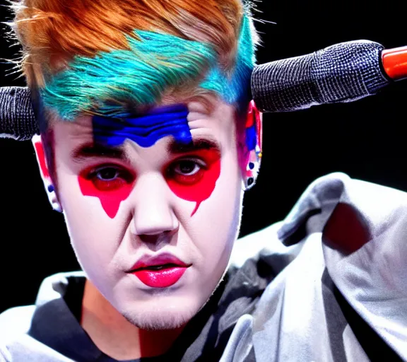 Prompt: color still shot of justin bieber lead singer performing in music group insane clown posse, face closeup