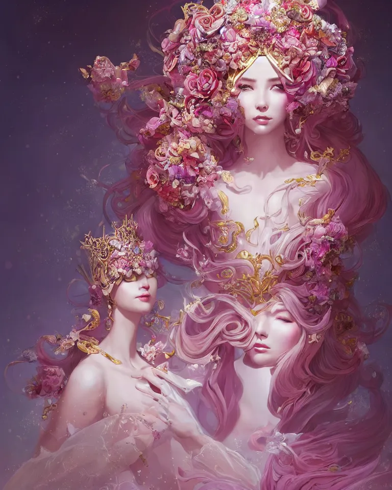 Image similar to A beautiful fantasy empress, highly detailed full body, breathtaking flower tiara, gorgeous aristocrat robe, beautiful figure, epic composition, ultra wide-shot, dynamic pose, concept art, beautifully lit, digital painting, character design, sharp focus, elegant, smooth, intricate, artstation, by WLOP and James Jean and Victo Ngai and Ryohei Hase