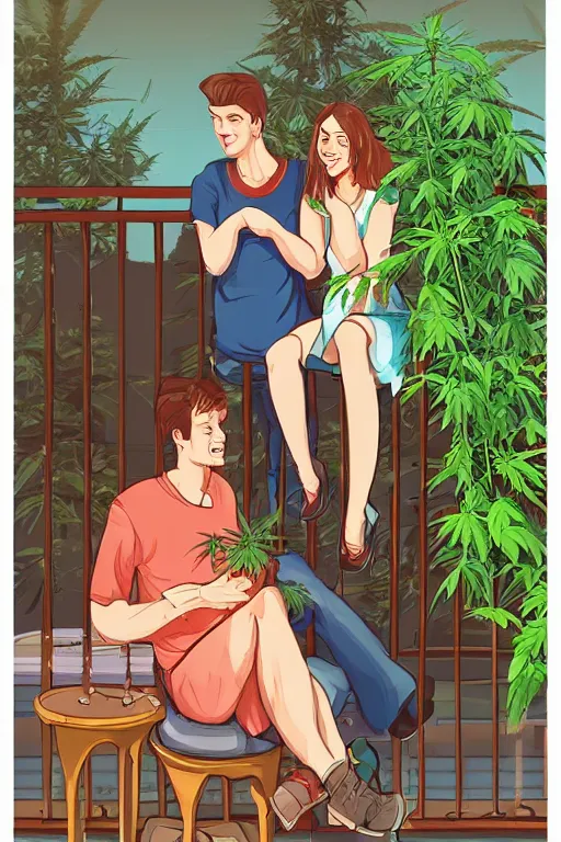 Prompt: happy couple, on balcony, marijuana plant. centered median photoshop filter cutout vector behance artgem hd jesper ejsing!