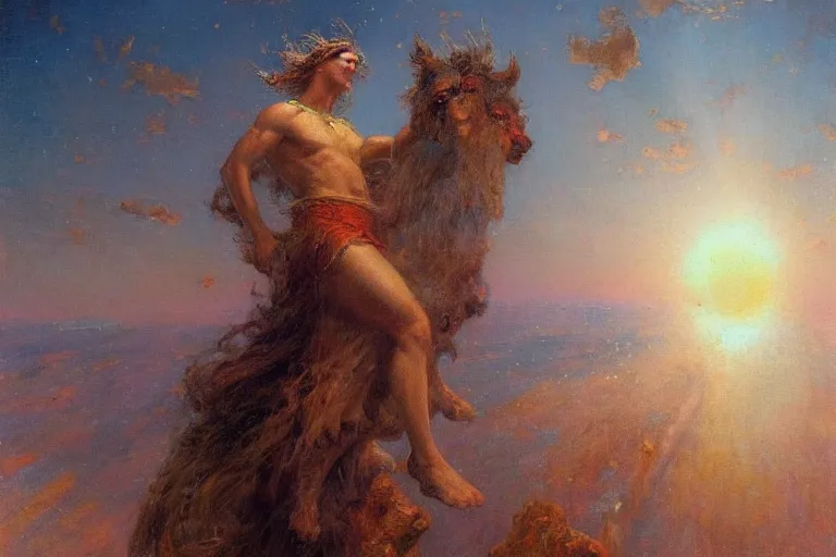 Image similar to portrait of a mythical hero named horizon, who lifts the sun into the sky every morning. art by gaston bussiere.