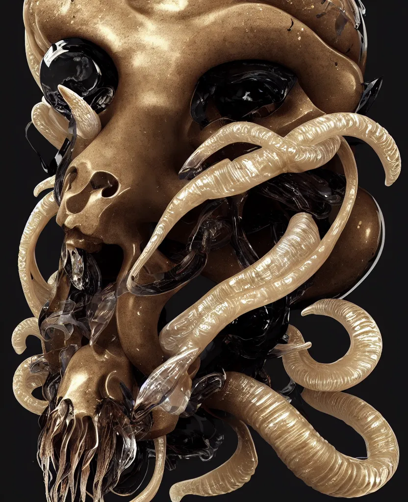 Image similar to goddess princess face close-up portrait ram skull. sculpture made of polished gold and matte obsidian. jellyfish phoenix head, nautilus, orchid, skull, betta fish, bioluminiscent creatures, intricate artwork by Tooth Wu and wlop and beeple. octane render, trending on artstation, greg rutkowski very coherent symmetrical artwork. cinematic, hyper realism, high detail, octane render, 8k