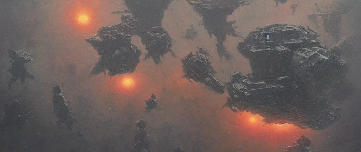 Image similar to concept art, a single huge mothership, a ship traveling to new worlds, deep space exploration, the expanse tv series, industrial design, dynamic angle, motion, spatial phenomena, cinematic lighting, 4k, greebles, widescreen, wide angle, beksinski, sharp and blocky shapes