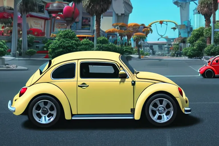 Image similar to a wholesome animation key shot of!! one!! focused!! vw beetle superbug!! in shiny reflective stainless steel, in a las vegas street, medium shot, studio ghibli, ( pixar ) and disney animation, sharp, very detailed, high resolution, rendered in unreal engine 5, anime key art by greg rutkowski, bloom, dramatic lighting