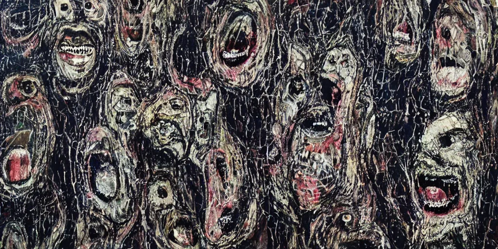 Image similar to camo made of teeth, smiling, abstract, francis bacon artwork, cryptic, dots, stipple, lines, splotch, color tearing, pitch bending, faceless people, dark, ominous, eerie, minimal, points, technical, old painting