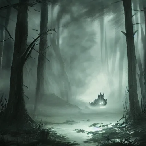 Prompt: a ghostly dragon staring menacingly in a foggy forest concept art, intricate, highly detailed, ultra realistic