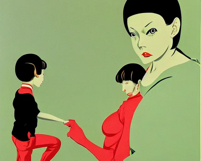 Image similar to a terrifying, disturbing painting by Hiroshi Nagai. Reg, green, and black