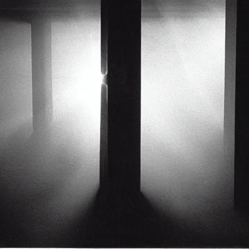 Image similar to volumetric fog in sunbeams entered through window in a dark basement, 1 9 9 0 film