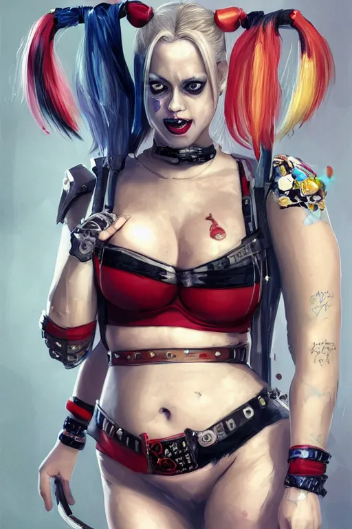 Prompt: a portrait of Harley Quinn in bikini armor with her belly fat overflowing her bikini bottoms, chubby lovehandles and a chubby belly, belly covering bikini bottoms, Warhammer 40000, cyberpunk, intricate, elegant, highly detailed, digital painting, trending on artstation, concept art, smooth, sharp focus, illustration, art by Ruan Jia and Mandy Jurgens and Artgerm and william-adolphe bouguereau and greg rutkowski and alphonse mucha