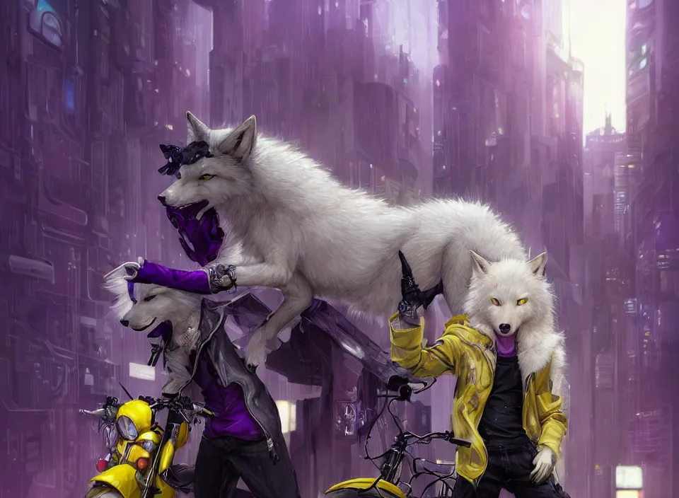 Image similar to award winning beautiful portrait commission of a male furry anthro albino wolf fursona with a tail and a cute beautiful attractive detailed furry face wearing stylish black, purple and yellow cyberpunk biker clothes standing on top of a high rise in a cyberpunk city at night while it rains. Character design by charlie bowater, ross tran, artgerm, and makoto shinkai, detailed, inked, western comic book art