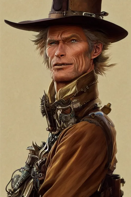 Image similar to heroic character design of anthropomorphic whimsical fox, portrait, western, steampunk, clint eastwood face, duster, fantasy, intricate, elegant, highly detailed, digital painting, artstation, concept art, sharp focus, illustration, art by artgerm and greg rutkowski and alphonse mucha