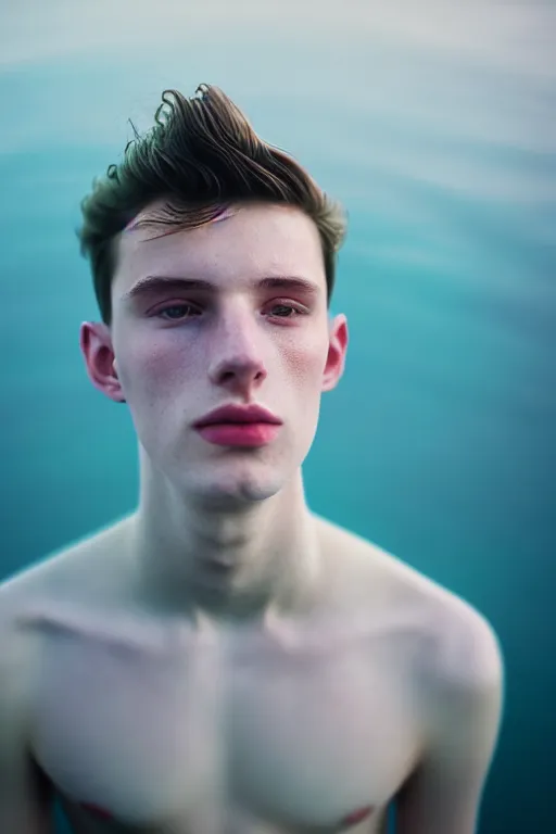 Image similar to high quality pastel coloured film mid angle docu photograph of a beautiful young 2 0 year old male, soft features, short black hair, wearing coat, falling into in an icelandic black rock pool environment. atmospheric. three point light. photographic. art directed. ( pastel colours ). volumetric light. clearcoat. waves glitch. 8 k. filmic.