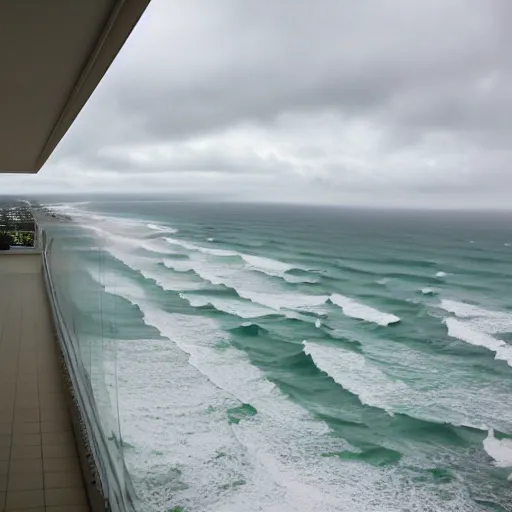 Image similar to a photograph from a high rise balcony overlooking the pacific ocean, gold coast australia, rainy grey afternoon