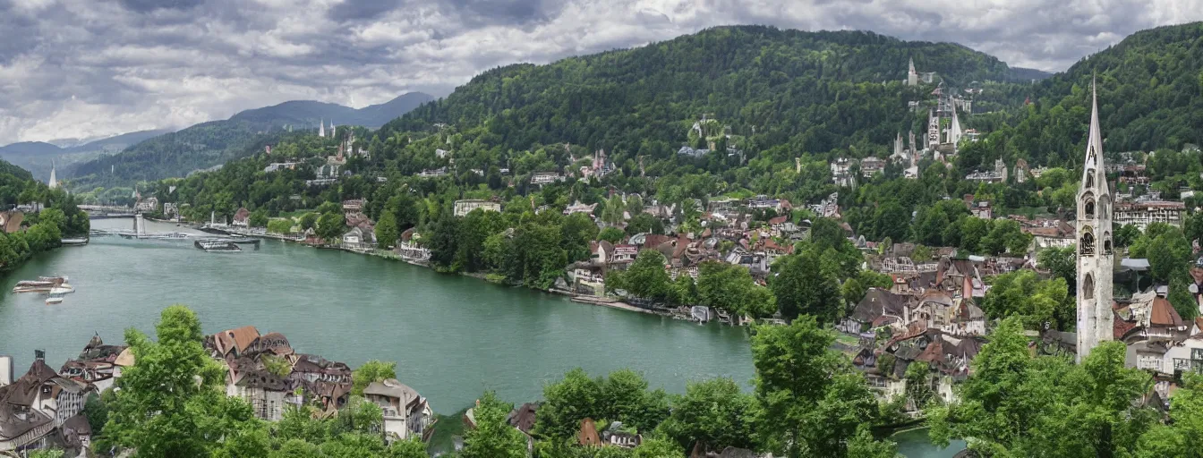 Image similar to Photo of Zurich, looking down the river at the lake and the alps, Hardturm, Grossmünster, wide angle, trees, volumetric light, hyperdetailed, green water, artstation, cgsociety, 8k