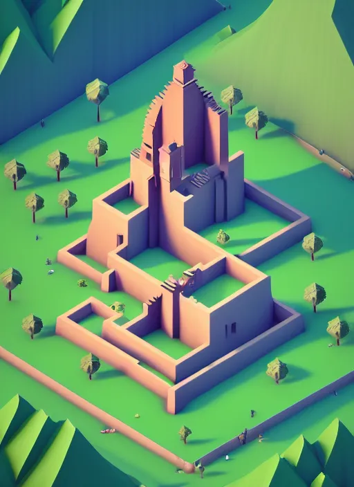 Image similar to a low poly isometric render of a kerala village in the style of monument valley, intricate, elegant, highly detailed, artstation, smooth, sharp focus, illustration, art by artgerm, octane render, aesthetic, symmetrical geometry, 8 k