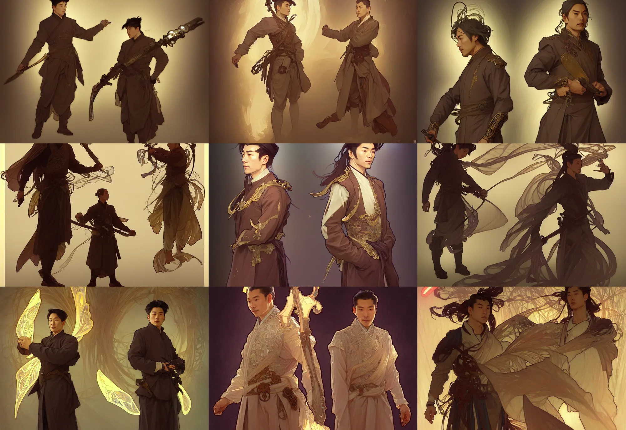 Image similar to a digital concept ar by artgerm and greg rutkowski and alphonse mucha. full body!! t pose!! clear portrait of a lonely attractive elder man in uniform of tang dynasty!! tang dynasty weapon, light effect. hyper detailed, character concept, glowing lights!! intricate, elegant, digital painting, artstation, smooth, sharp focus