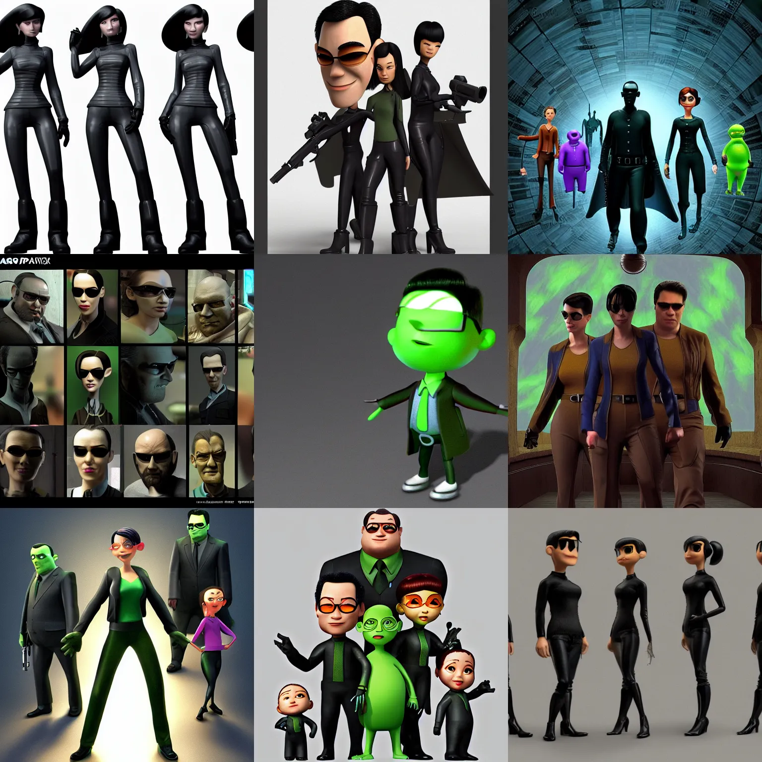 Prompt: pixar quality 3 d agents of the matrix looking for neo, trending on artstation, 8 k, detailed art