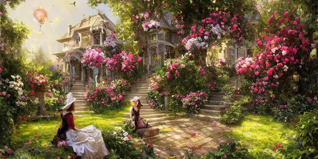 Prompt: Victorian Woman sitting on the front steps of a mansion, near a hedge garden of exotic flowers in the Mushroom Kingdom, giant mushrooms, and roses, from behind, streets, birds in the sky, sunlight and rays of light shining through trees, beautiful, solarpunk!!!, highly detailed, digital painting by Michael Garmash and Peter Mohrbacher