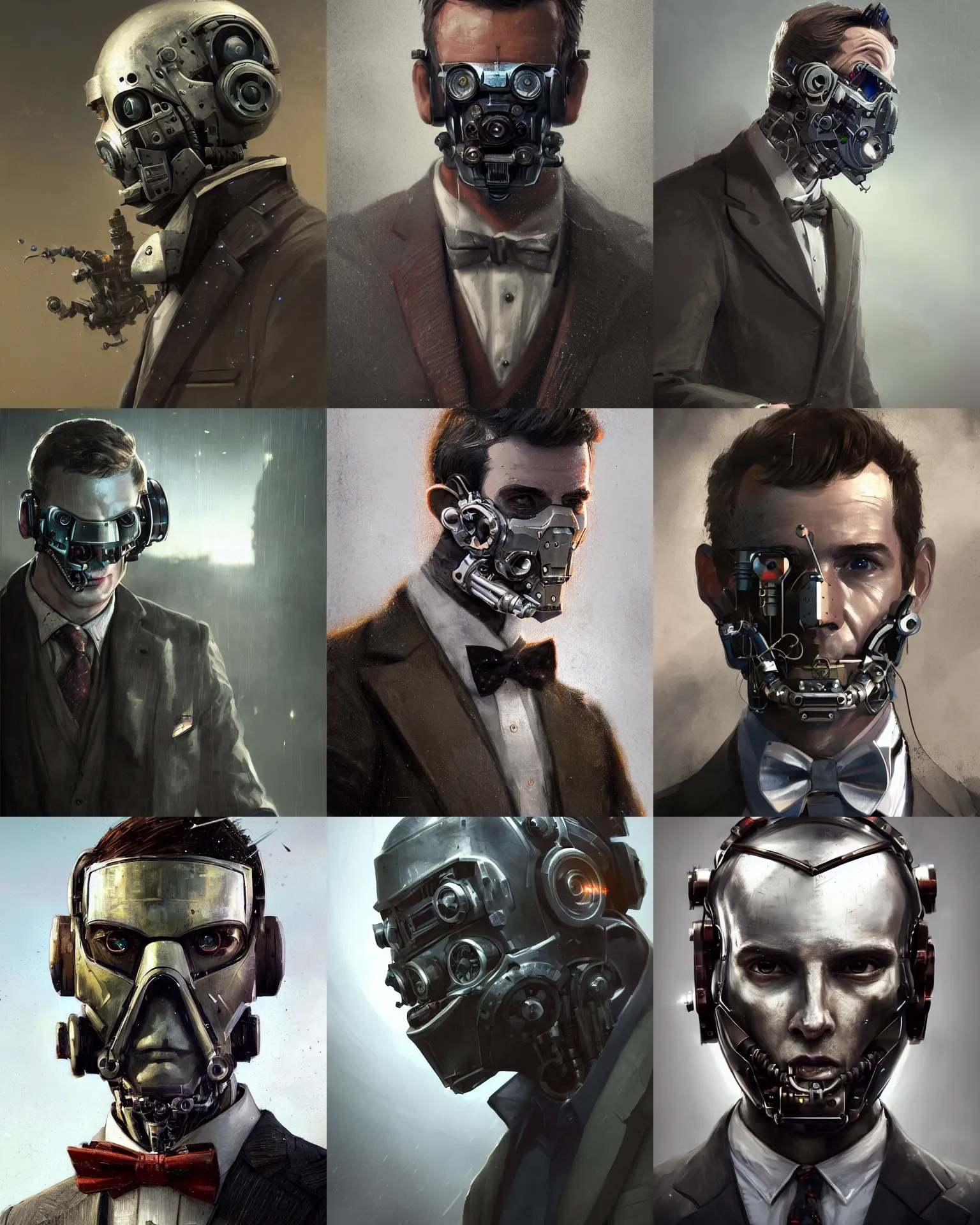 Image similar to a rugged young engineer man with cybernetic enhancements wearing a suit and bowtie, detailed face with mask, scifi character portrait by greg rutkowski, esuthio, craig mullins, 1 / 4 headshot, cinematic lighting, dystopian scifi gear, gloomy, profile picture, mechanical, half robot, implants, steampunk