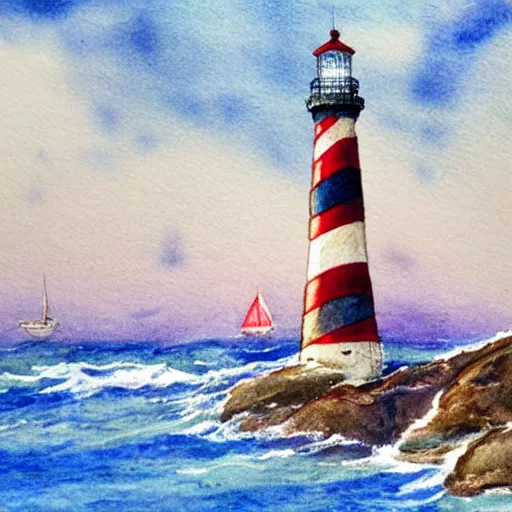 Prompt: Complex hyperdetailed serene masterpiece sketch of a captivating lighthouse, single sailboat catching the wind, by Orris Moe, complex detailed watercolor painting, pastel color scheme.