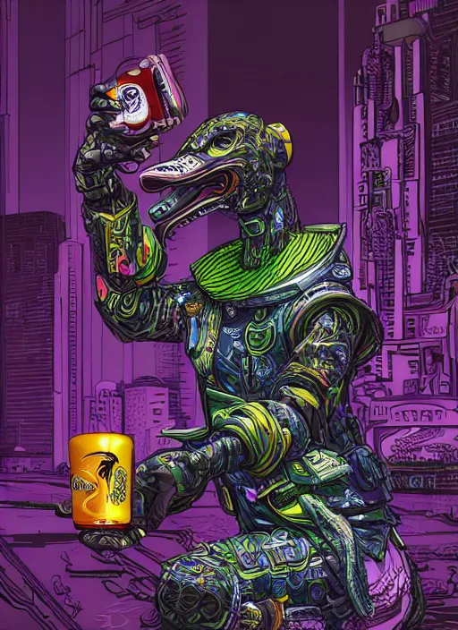 Image similar to duck drinks energy drink monster energy, elegant, sophisticated, fashionable cyberpunk gravure idol, an ultrafine hyperdetailed illustration by kim jung gi, irakli nadar, intricate linework, bright colors, porcelain skin, unreal engine 5 highly rendered, fashion photography, global illumination, radiant light, detailed and intricate environment