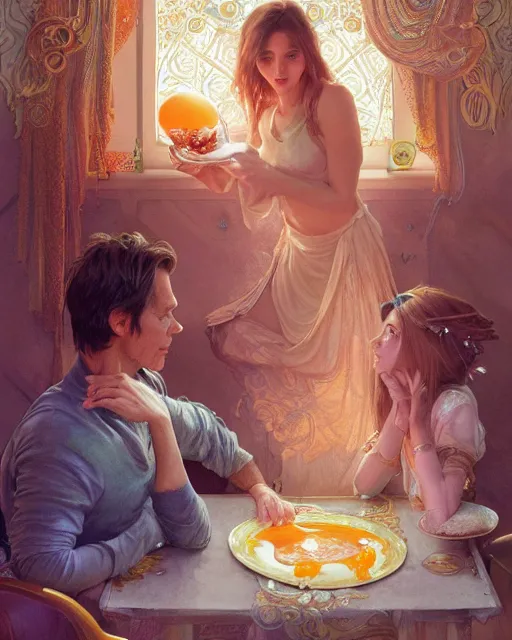 Image similar to kevin bacon eating fried eggs ana de armas serving him his eggs, highly detailed, gold filigree, romantic storybook fantasy, soft cinematic lighting, award, disney concept art watercolor illustration by mandy jurgens and alphonse mucha and alena aenami, pastel color palette, featured on artstation