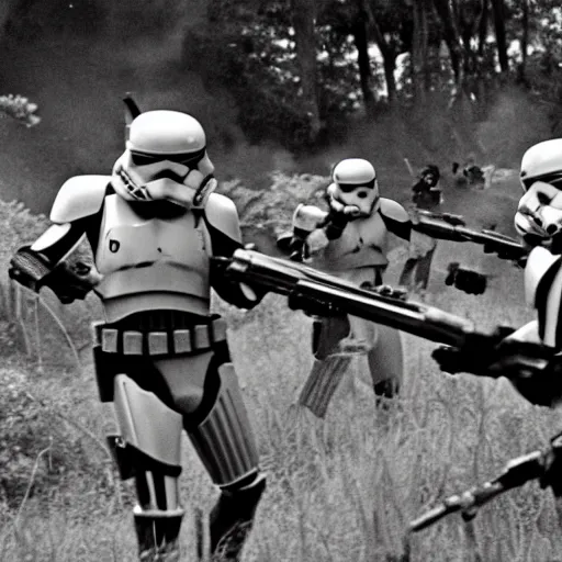 Image similar to star wars clone troopers combat soldiers in vietnam, photo, old picture, lush landscape, jungle, firearms, explosions, helicopters, aerial combat, active battle zone, flamethrower, air support, jedi, land mines, gunfire, violent, star destroyers, star wars lasers, sci - fi, jetpacks, agent orange, bomber planes, smoke, trench warfare