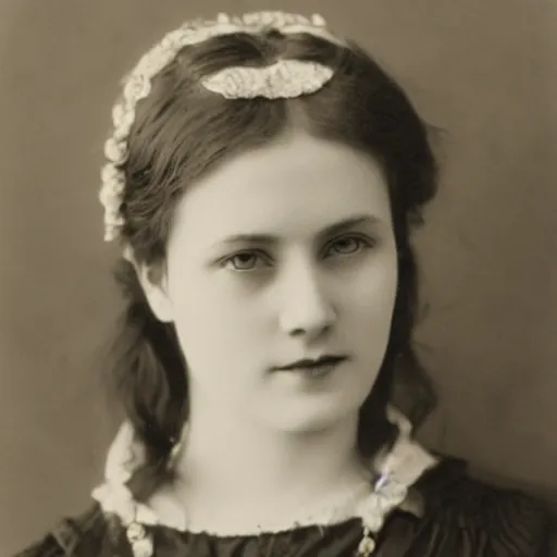 Prompt: edwardian photograph of a beautiful woman, elegant, symmetrical, staring at the camera, very grainy, 1900s, realistic, 1910s, close-up portrait, innocent smile, slightly blurry