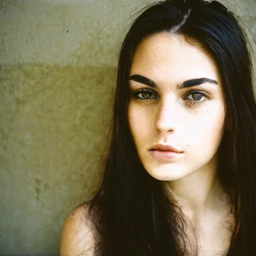 Image similar to 35mm film photo of an atractive cool alternative bosnian woman in her early 20s. beautiful face. She has dark brown hair, dark thick eyebrows, brown eyes and shoulder long hair.