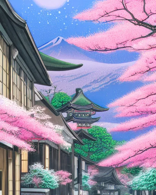 Image similar to artdeco illustration of a street in a quiet japanese village, sakura season, fuji in background. pastel colours. beautiful. artstation, deviantart, pinterest, 5 0 0 px models