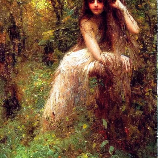 Prompt: humanoid and in a forest, art by gaston bussiere