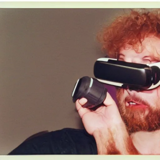 Prompt: Terrence McKenna sitting Down laughing with a VR headset on, 1994, Polaroid