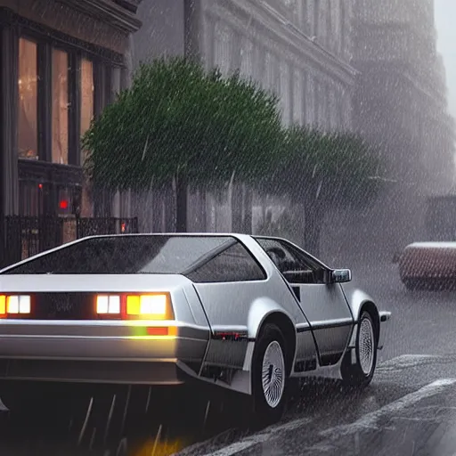 Image similar to hyperdetailed, photorealistic photograph of a dmc 1 2 delorean driving in the streets, rain, night, dense fog, hd, unreal engine 5